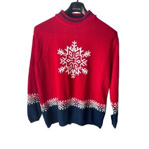Vintage Christmas Sweater Womens L Snowflakes Made in USA Red, White, Blue